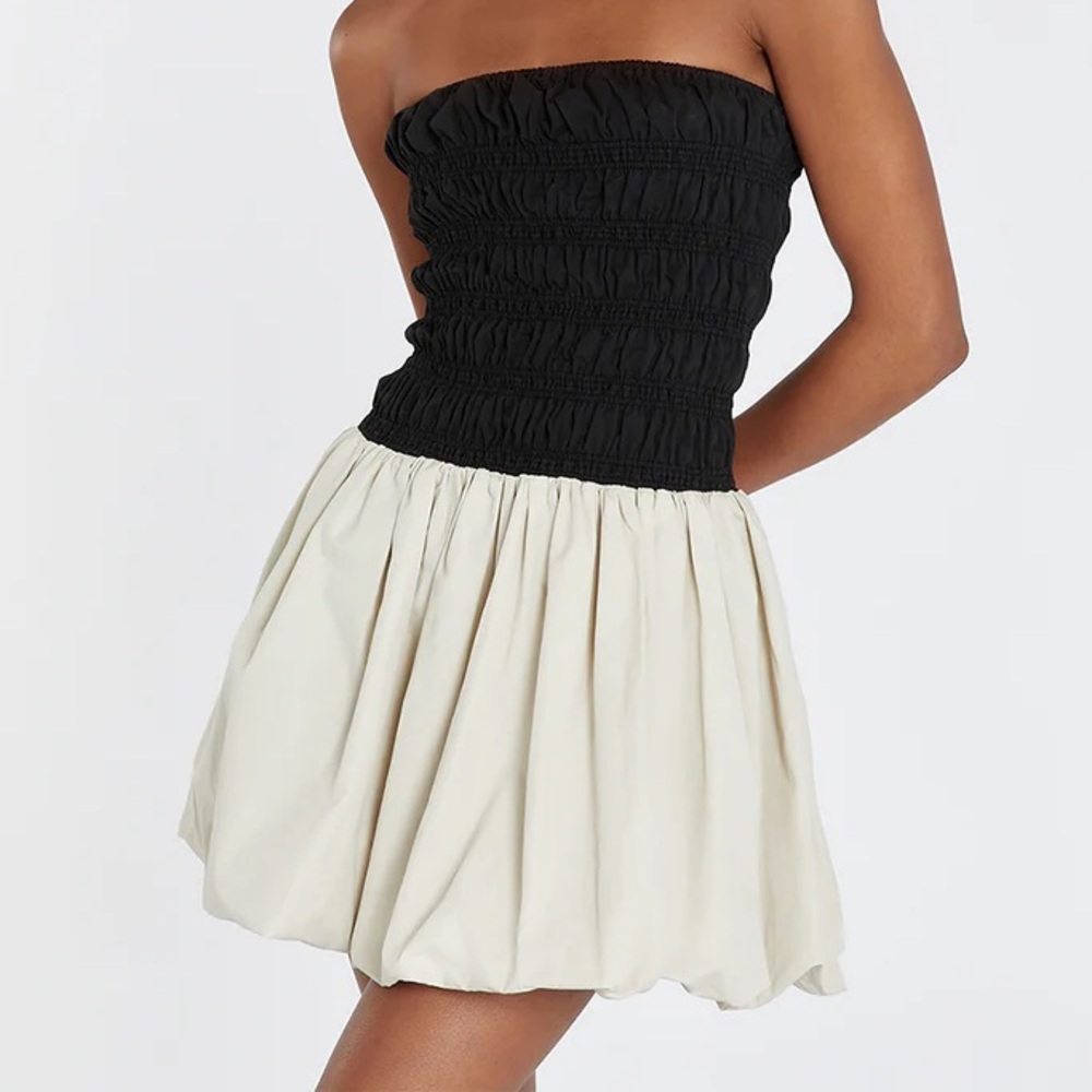 DISSH Black Strapless Smocked Bodice Two-Tone Mini Dress